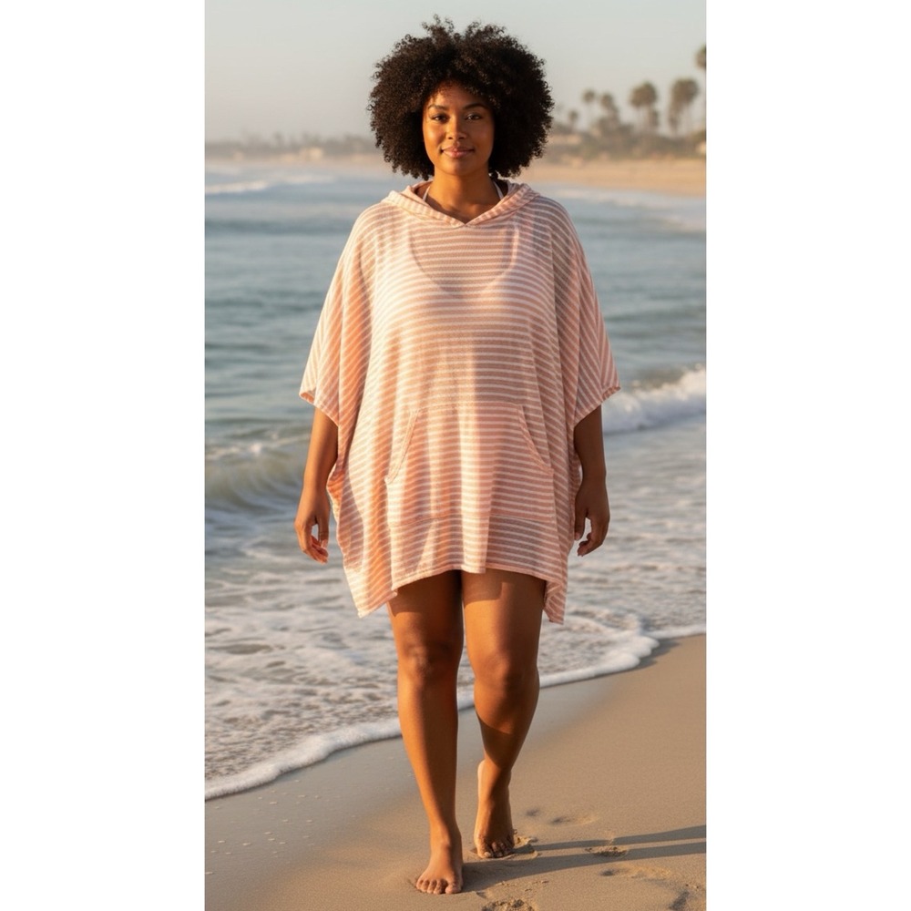 Mia & Tess Poncho Women's Cover-Up Striped Hooded Pullover Pink White  Sheer